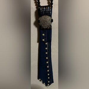 Pearl-Embellished Dark Blue Jeans